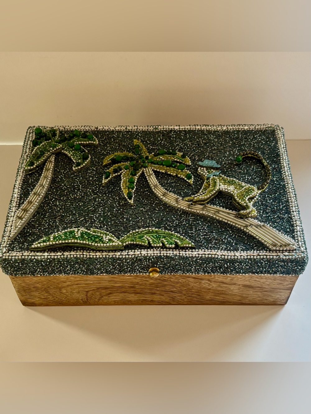 Vintage Beaded Wooden Monkey Tropical Trinket Box